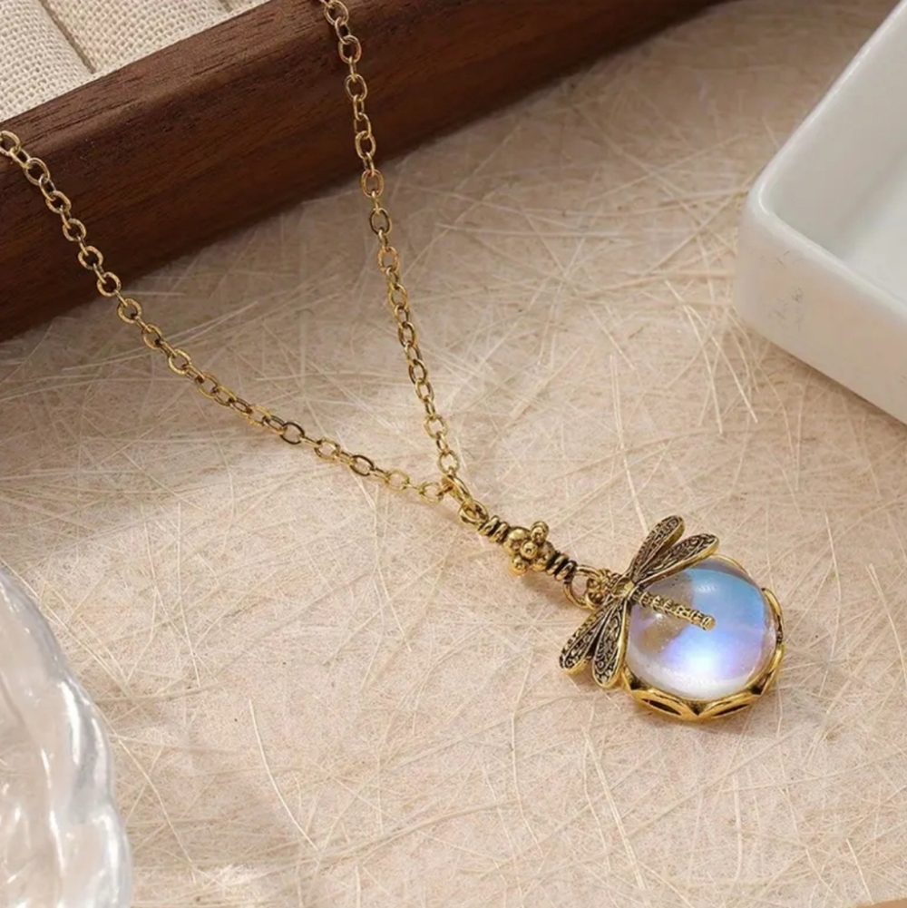 Vintage Dragonfly Moonstone Necklace
